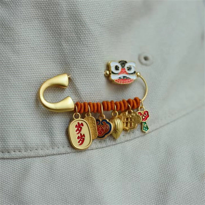 Buddha Stones Dancing Lion Lotus Bud Copper Fortune Brooch - image 4