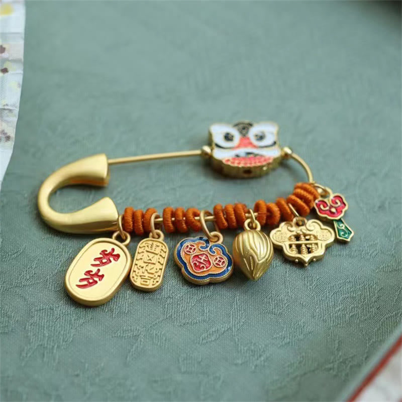 Buddha Stones Dancing Lion Lotus Bud Copper Fortune Brooch - image 1