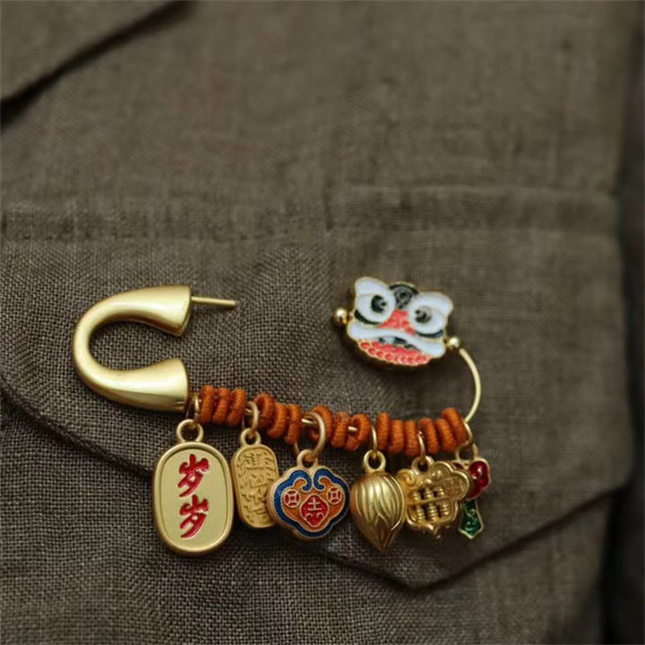 Buddha Stones Dancing Lion Lotus Bud Copper Fortune Brooch - image 3