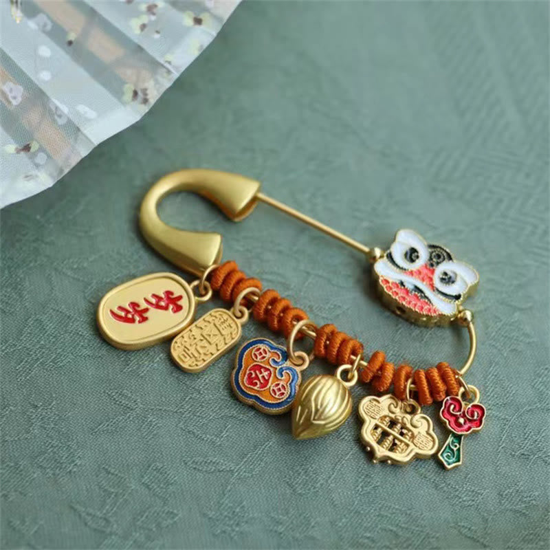 Buddha Stones Dancing Lion Lotus Bud Copper Fortune Brooch - Dancing Lion 20*58mm - image 0