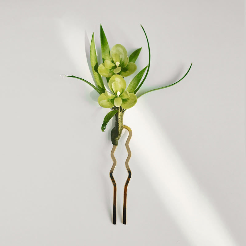 Buddha Stones Handmade Velvet Flower Mulberry Silk Green Flowers Leaves Brooch Hairpin - U Shape Hairpin - image 6