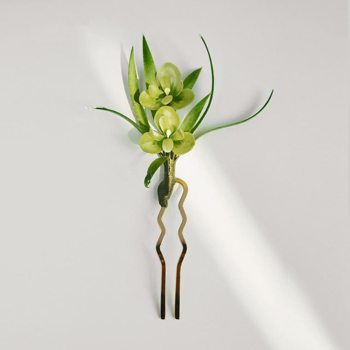 Buddha Stones Handmade Velvet Flower Mulberry Silk Green Flowers Leaves Brooch Hairpin - U Shape Hairpin - image 6