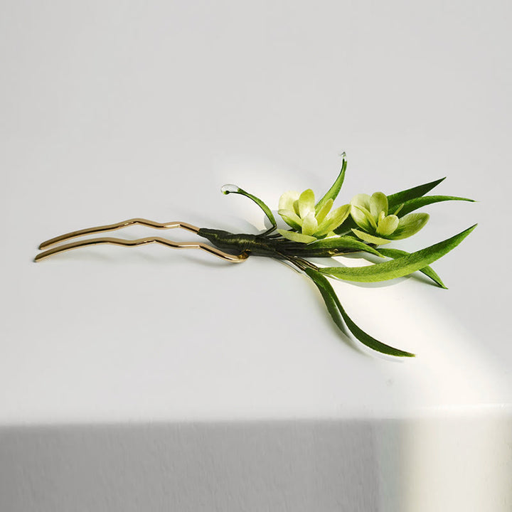 Buddha Stones Handmade Velvet Flower Mulberry Silk Green Flowers Leaves Brooch Hairpin - image 8