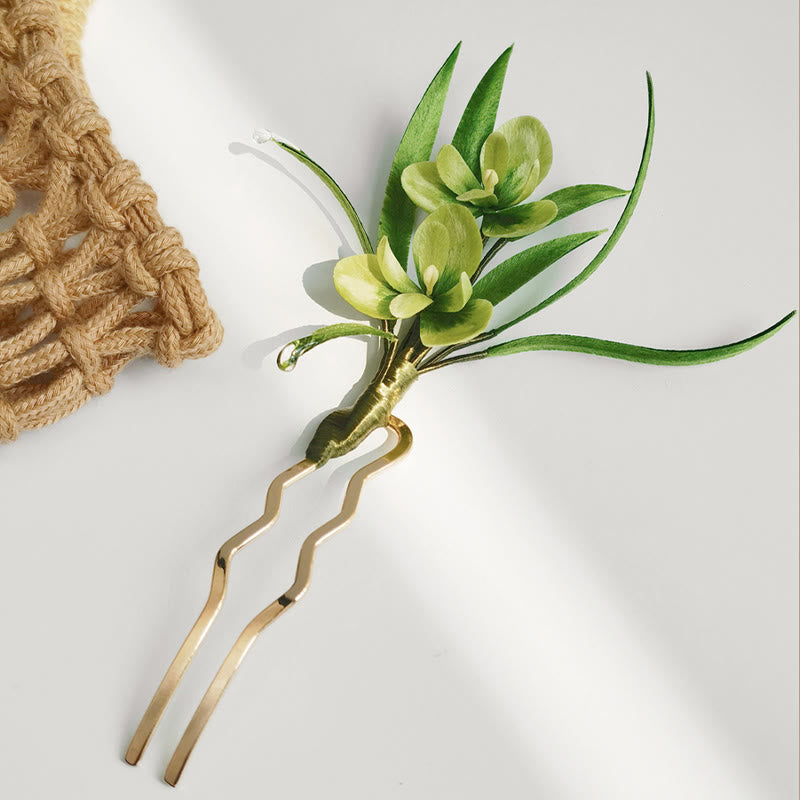 Buddha Stones Handmade Velvet Flower Mulberry Silk Green Flowers Leaves Brooch Hairpin - image 9