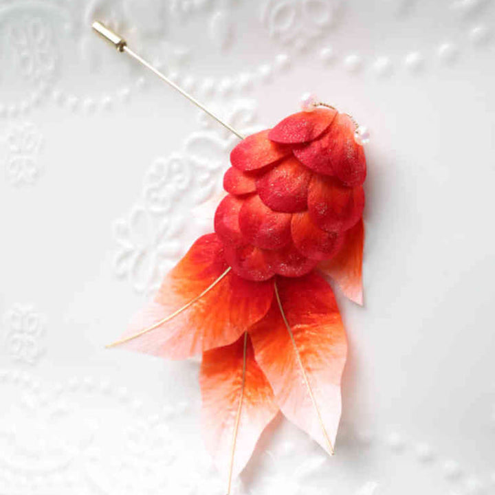 Buddha Stones Handmade Yangzhou Velvet Flower Mulberry Silk Red Koi Fish Leaves Brooch Hair Clip - Brooch - image 0
