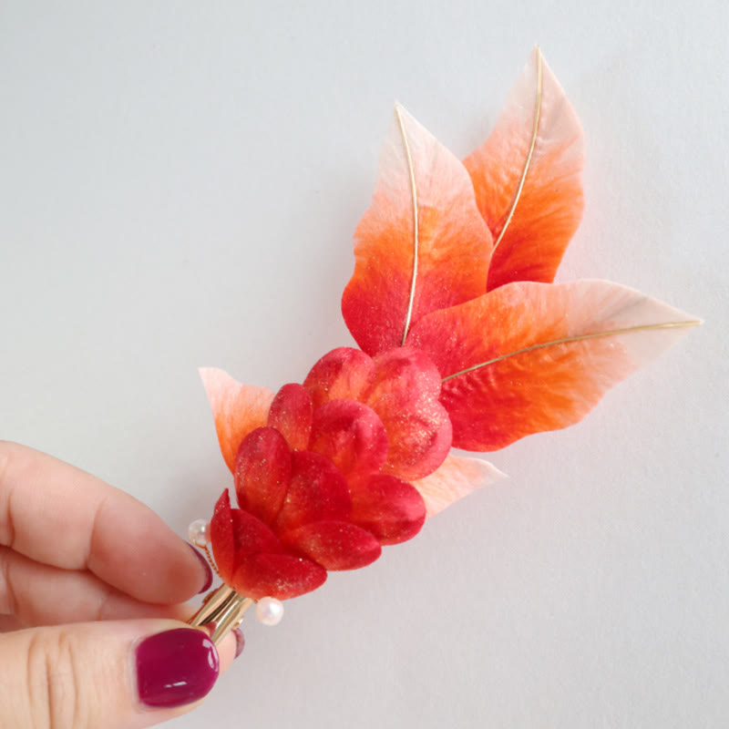 Buddha Stones Handmade Yangzhou Velvet Flower Mulberry Silk Red Koi Fish Leaves Brooch Hair Clip - Hair Clip - image 4
