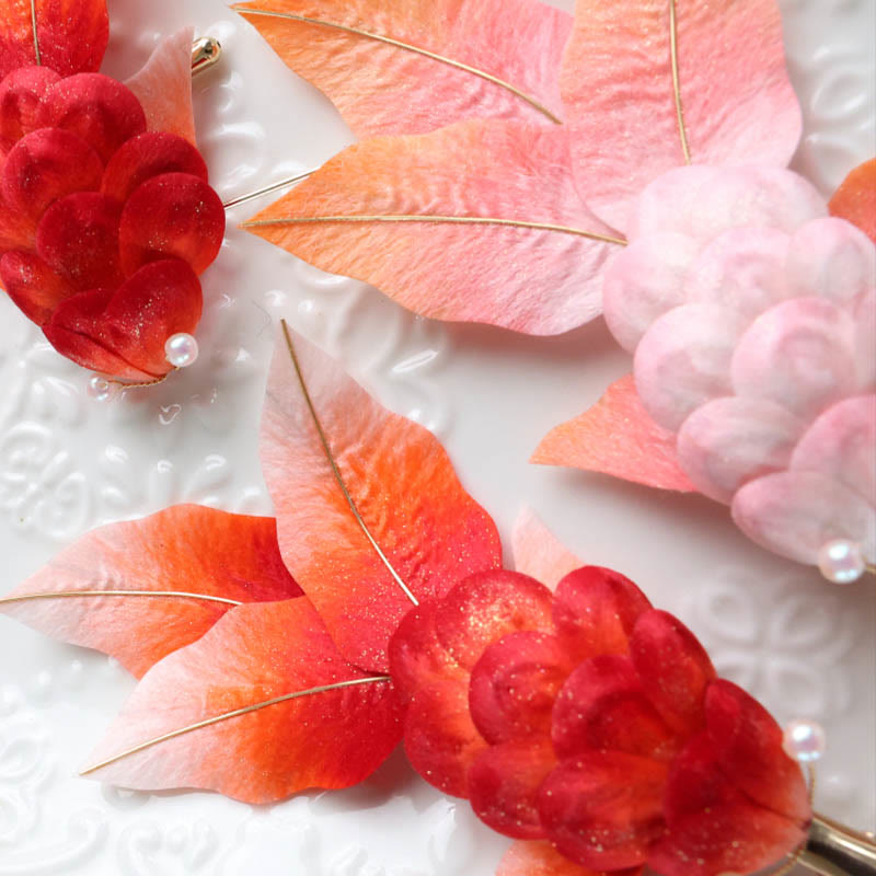 Buddha Stones Handmade Yangzhou Velvet Flower Mulberry Silk Red Koi Fish Leaves Brooch Hair Clip - image 8