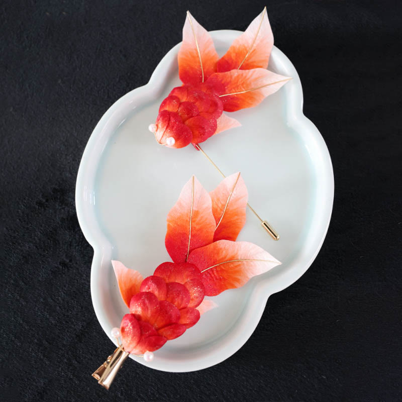 Buddha Stones Handmade Yangzhou Velvet Flower Mulberry Silk Red Koi Fish Leaves Brooch Hair Clip - image 15