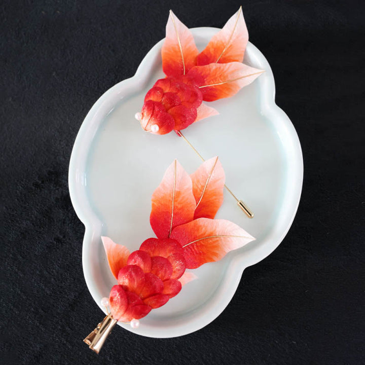 Buddha Stones Handmade Yangzhou Velvet Flower Mulberry Silk Red Koi Fish Leaves Brooch Hair Clip - image 15