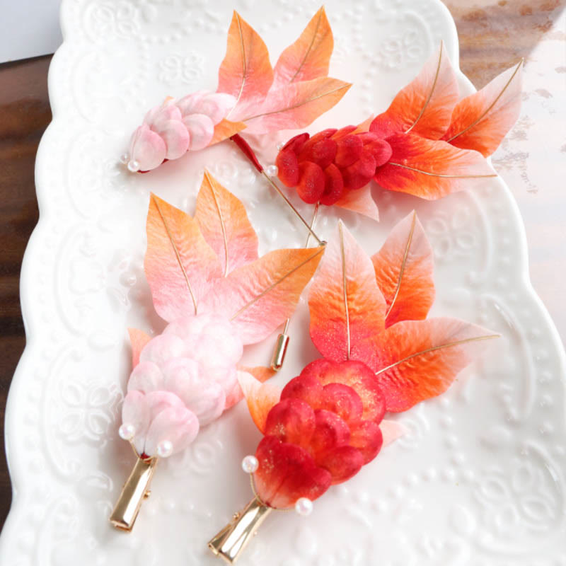 Buddha Stones Handmade Yangzhou Velvet Flower Mulberry Silk Red Koi Fish Leaves Brooch Hair Clip - image 1