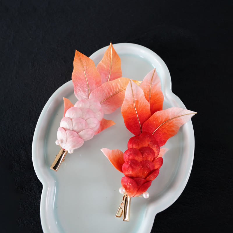 Buddha Stones Handmade Yangzhou Velvet Flower Mulberry Silk Red Koi Fish Leaves Brooch Hair Clip - image 9