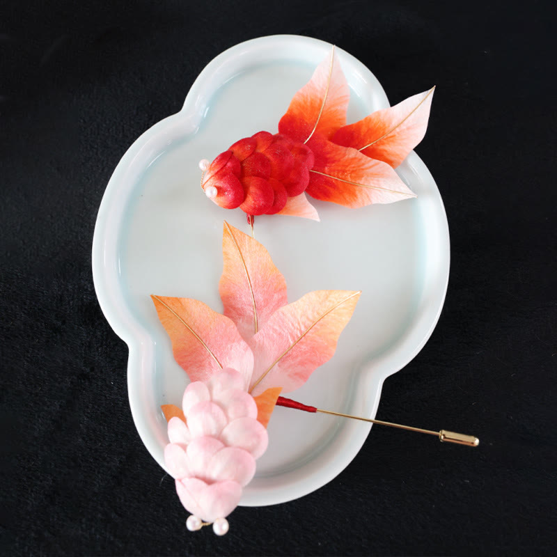 Buddha Stones Handmade Yangzhou Velvet Flower Mulberry Silk Red Koi Fish Leaves Brooch Hair Clip - image 17