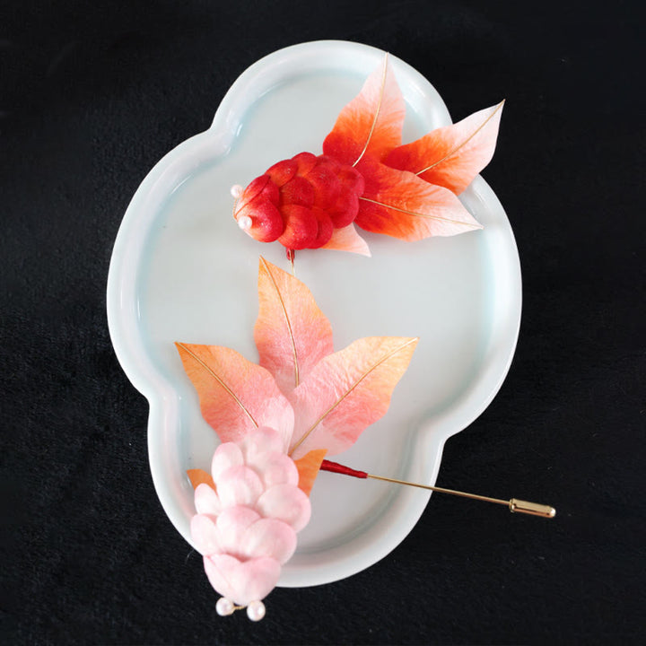 Buddha Stones Handmade Yangzhou Velvet Flower Mulberry Silk Red Koi Fish Leaves Brooch Hair Clip - image 17