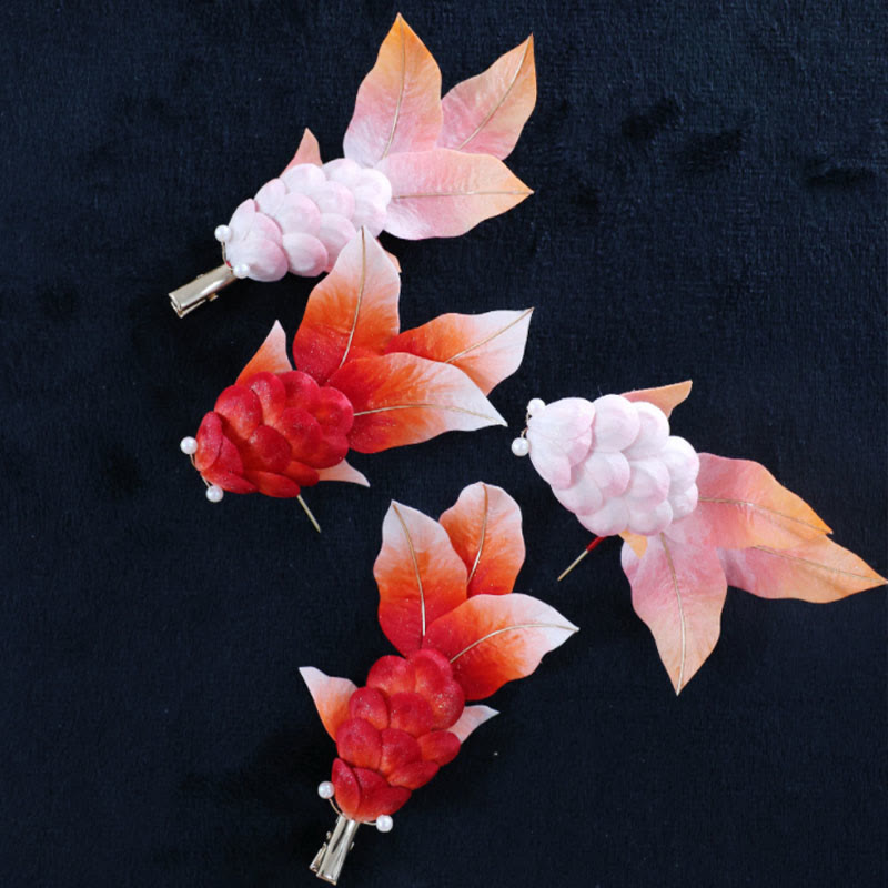Buddha Stones Handmade Yangzhou Velvet Flower Mulberry Silk Red Koi Fish Leaves Brooch Hair Clip - image 14