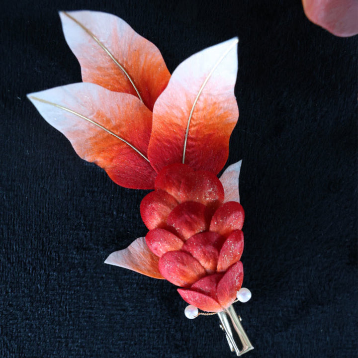 Buddha Stones Handmade Yangzhou Velvet Flower Mulberry Silk Red Koi Fish Leaves Brooch Hair Clip - image 10