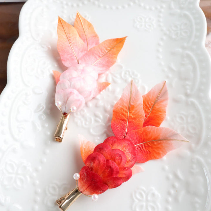 Buddha Stones Handmade Yangzhou Velvet Flower Mulberry Silk Red Koi Fish Leaves Brooch Hair Clip - image 6