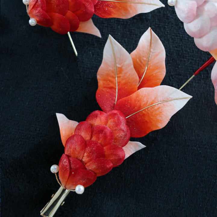 Buddha Stones Handmade Yangzhou Velvet Flower Mulberry Silk Red Koi Fish Leaves Brooch Hair Clip - image 13