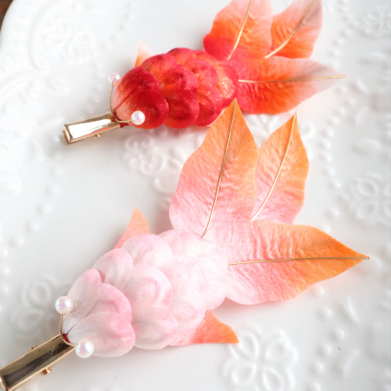 Buddha Stones Handmade Yangzhou Velvet Flower Mulberry Silk Red Koi Fish Leaves Brooch Hair Clip - image 7