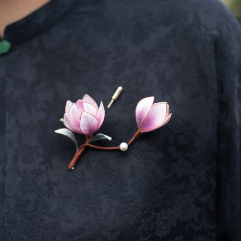 Buddha Stones Handmade Yangzhou Velvet Flower Mulberry Silk Purple Magnolia Brooch Hairpin - Brooch - image 0