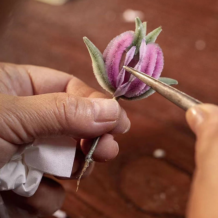 Buddha Stones Handmade Yangzhou Velvet Flower Mulberry Silk Peach Blossom Brooch - image 9