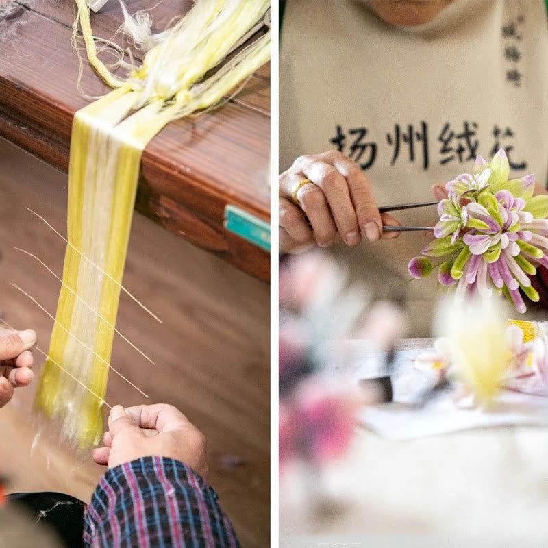 Buddha Stones Handmade Yangzhou Velvet Flower Mulberry Silk Peach Blossom Brooch - image 7