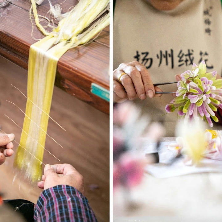 Buddha Stones Handmade Yangzhou Velvet Flower Mulberry Silk Peach Blossom Brooch - image 7