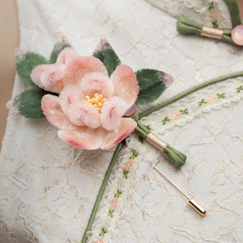 Buddha Stones Handmade Yangzhou Velvet Flower Mulberry Silk Peach Blossom Brooch - image 1