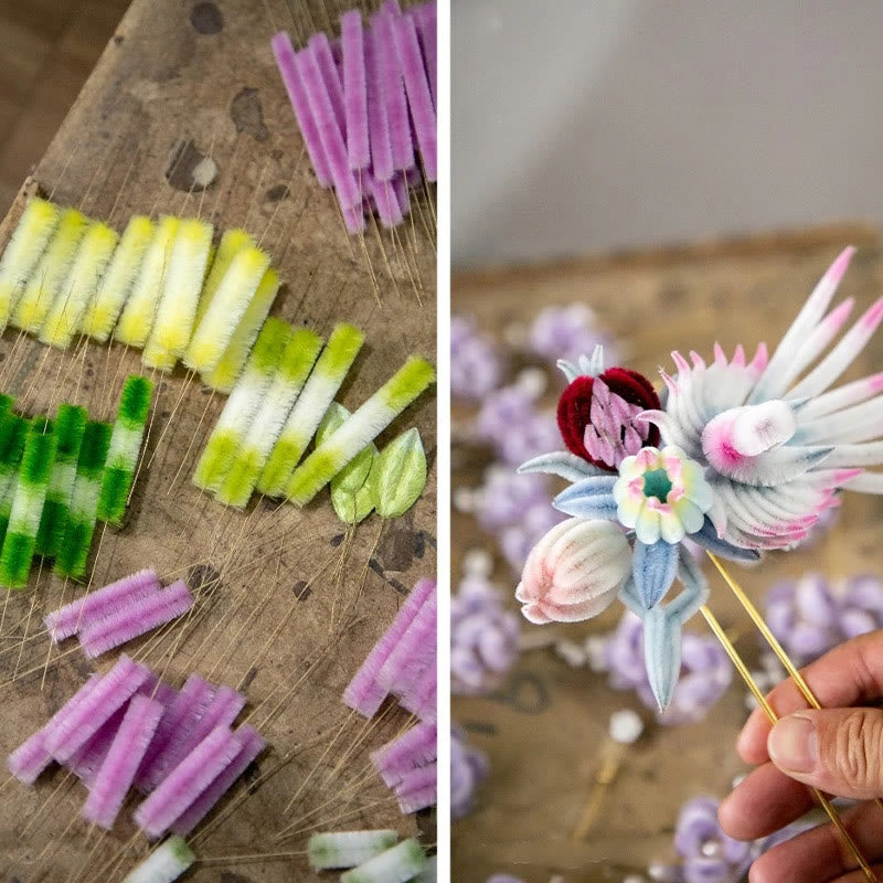 Buddha Stones Handmade Yangzhou Velvet Flower Mulberry Silk Peach Blossom Brooch - image 8