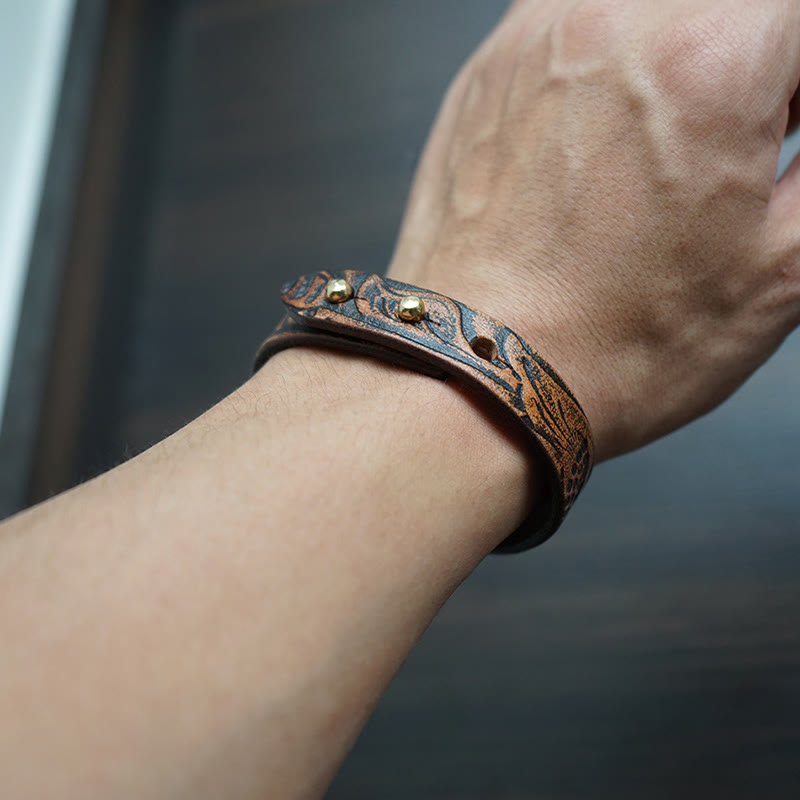 Buddha Stones Vintage Printed Leather Adjustable Buckle Balance Bracelet - image 7