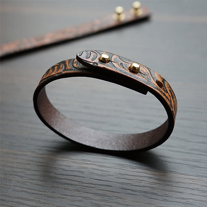 Buddha Stones Vintage Printed Leather Adjustable Buckle Balance Bracelet - Brown(Wrist Circumference: 15-18cm) - image 0