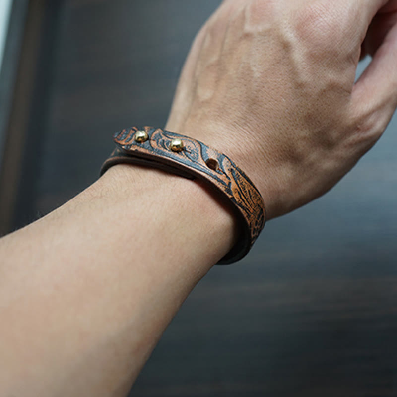 Buddha Stones Vintage Printed Leather Adjustable Buckle Balance Bracelet - image 8