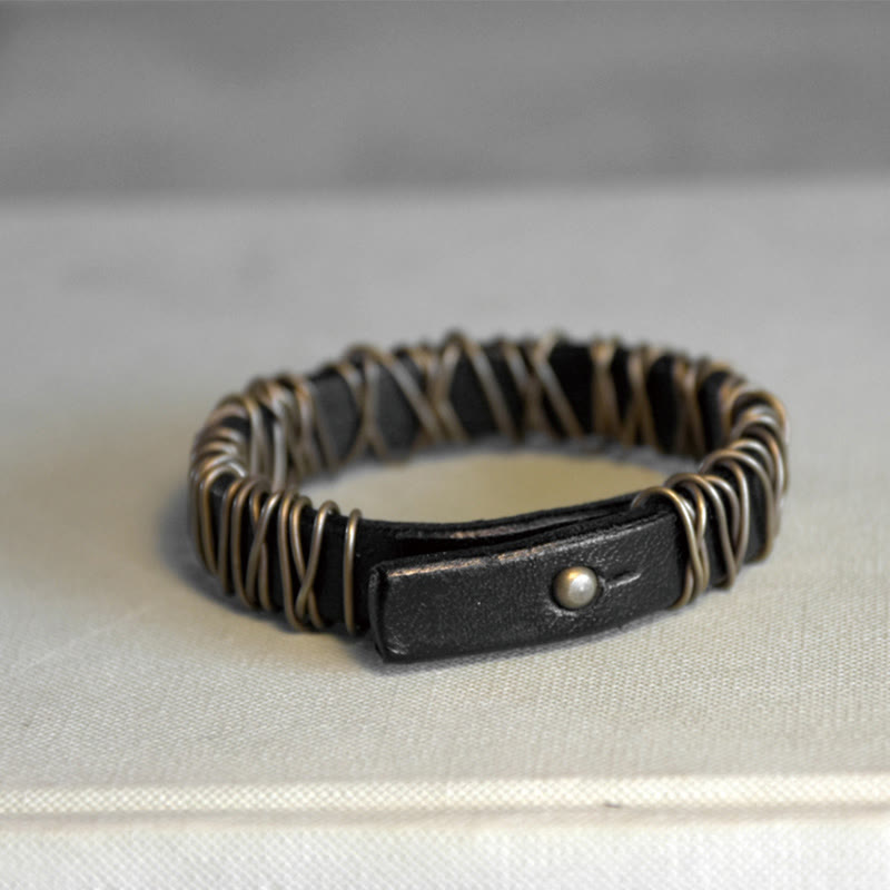 Buddha Stones Vintage Leather Copper Brass Wire Wrap Balance Bracelet - image 14