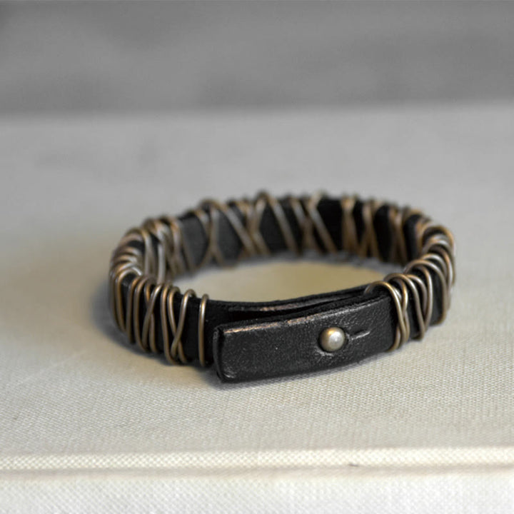 Buddha Stones Vintage Leather Copper Brass Wire Wrap Balance Bracelet - image 14