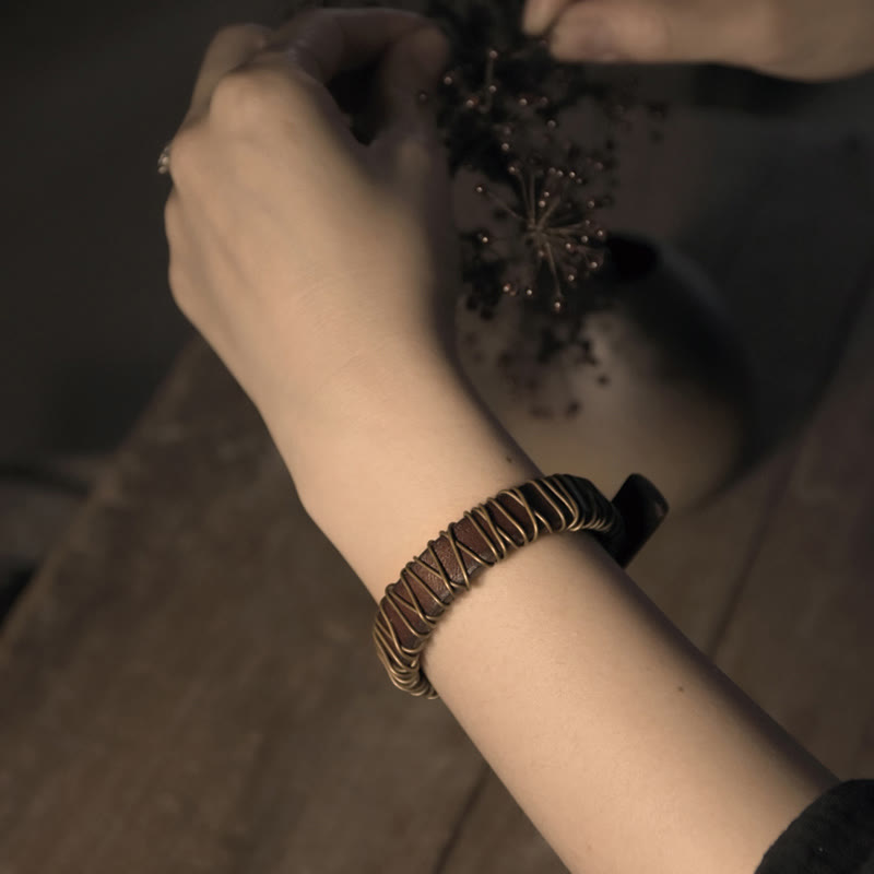 Buddha Stones Vintage Leather Copper Brass Wire Wrap Balance Bracelet - image 3