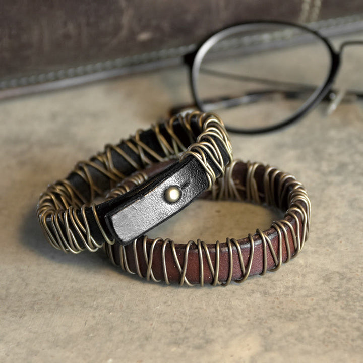 Buddha Stones Vintage Leather Copper Brass Wire Wrap Balance Bracelet - image 0