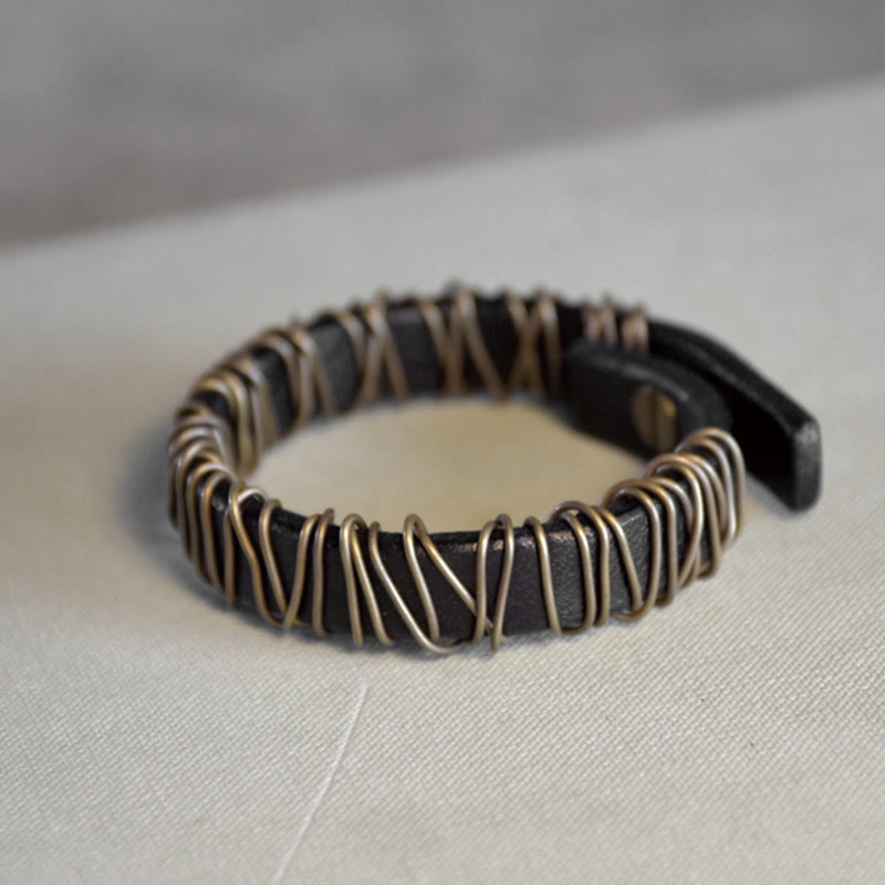 Buddha Stones Vintage Leather Copper Brass Wire Wrap Balance Bracelet - image 15