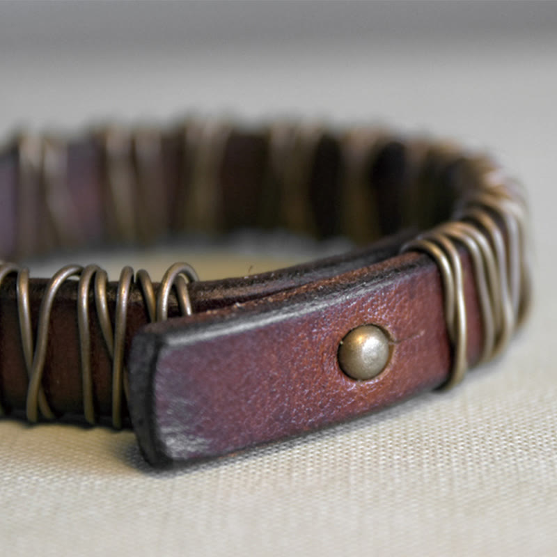 Buddha Stones Vintage Leather Copper Brass Wire Wrap Balance Bracelet - image 8