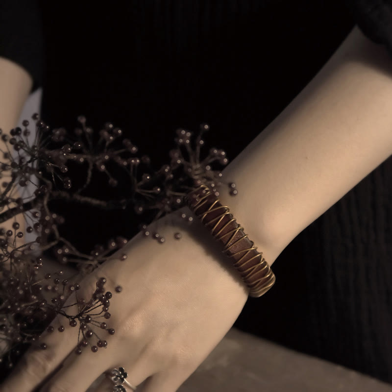 Buddha Stones Vintage Leather Copper Brass Wire Wrap Balance Bracelet - image 11