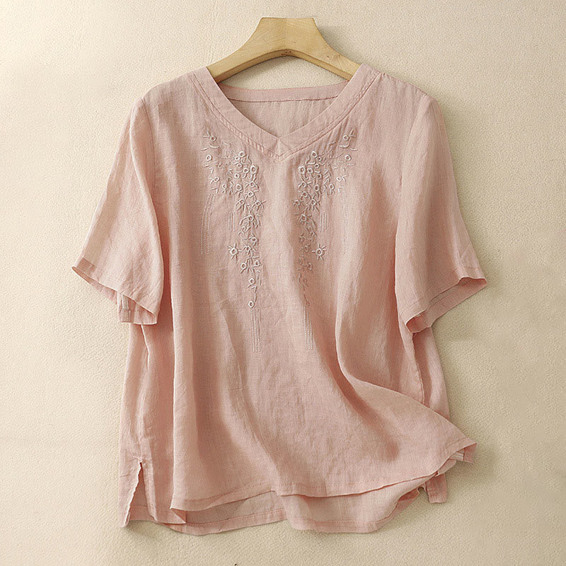 Buddha Stones Casual Women's Embroidered Flower V-neck Design Loose Half Sleeve Cotton Linen Shirt - DarkSalmon - US8-10,UK/AU12-14,EU40-42 (2XL) - image 0