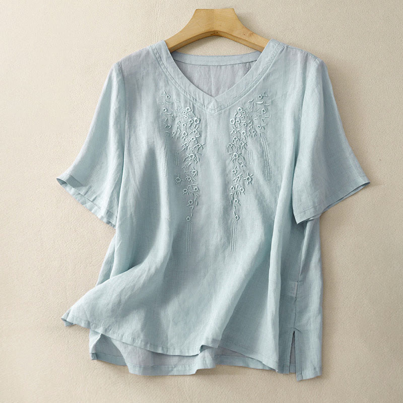 Buddha Stones Casual Women's Embroidered Flower V-neck Design Loose Half Sleeve Cotton Linen Shirt - LightBlue - US8-10,UK/AU12-14,EU40-42 (2XL) - image 21