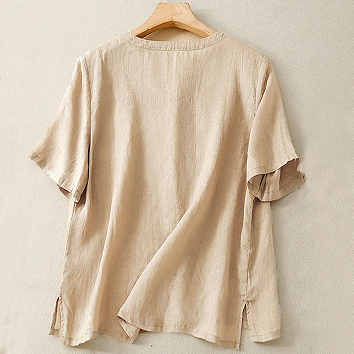 Buddha Stones Casual Women's Embroidered Flower V-neck Design Loose Half Sleeve Cotton Linen Shirt - image 13