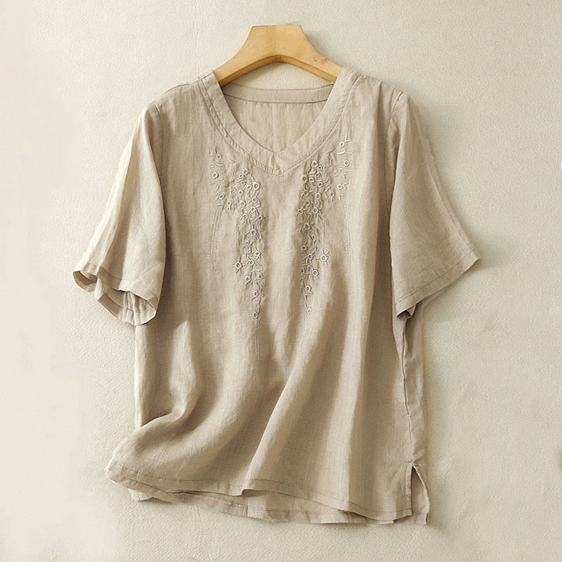 Buddha Stones Casual Women's Embroidered Flower V-neck Design Loose Half Sleeve Cotton Linen Shirt - Tan - US8-10,UK/AU12-14,EU40-42 (2XL) - image 12