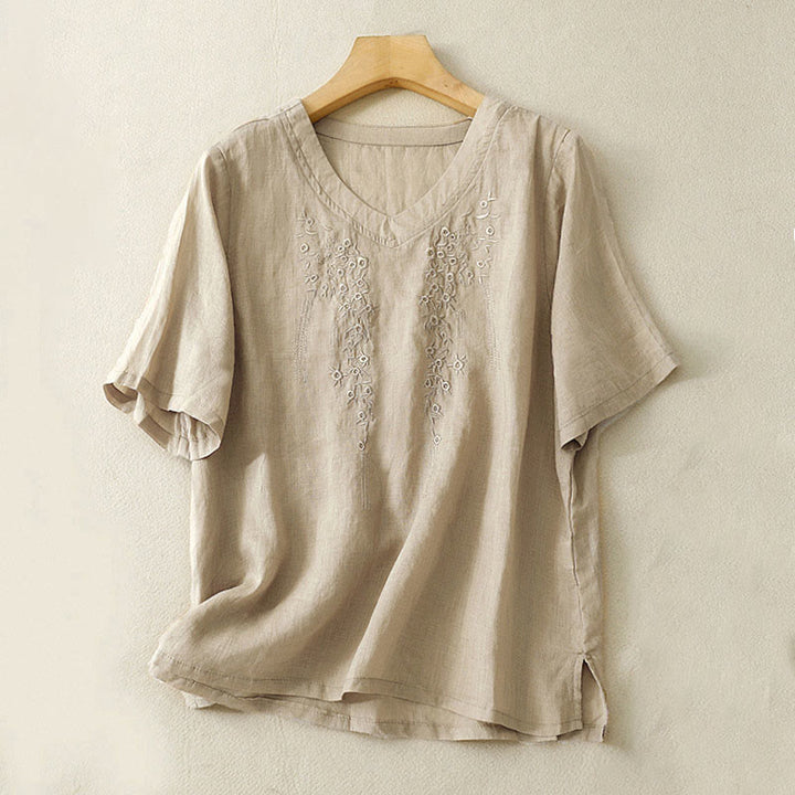 Buddha Stones Casual Women's Embroidered Flower V-neck Design Loose Half Sleeve Cotton Linen Shirt - Tan - US8-10,UK/AU12-14,EU40-42 (2XL) - image 12