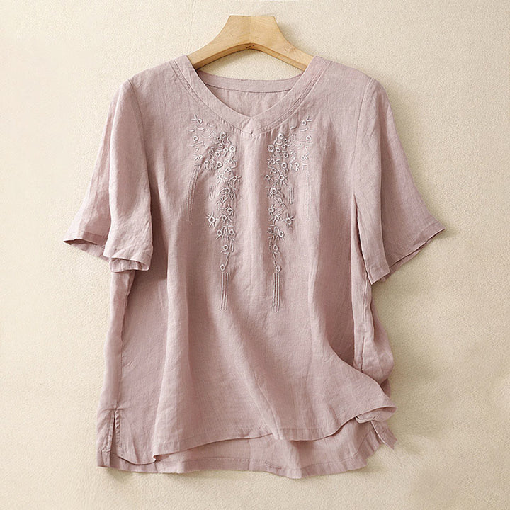 Buddha Stones Casual Women's Embroidered Flower V-neck Design Loose Half Sleeve Cotton Linen Shirt - Thistle - US8-10,UK/AU12-14,EU40-42 (2XL) - image 6