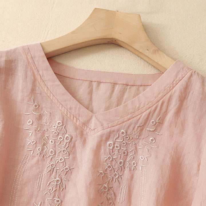 Buddha Stones Casual Women's Embroidered Flower V-neck Design Loose Half Sleeve Cotton Linen Shirt - image 1