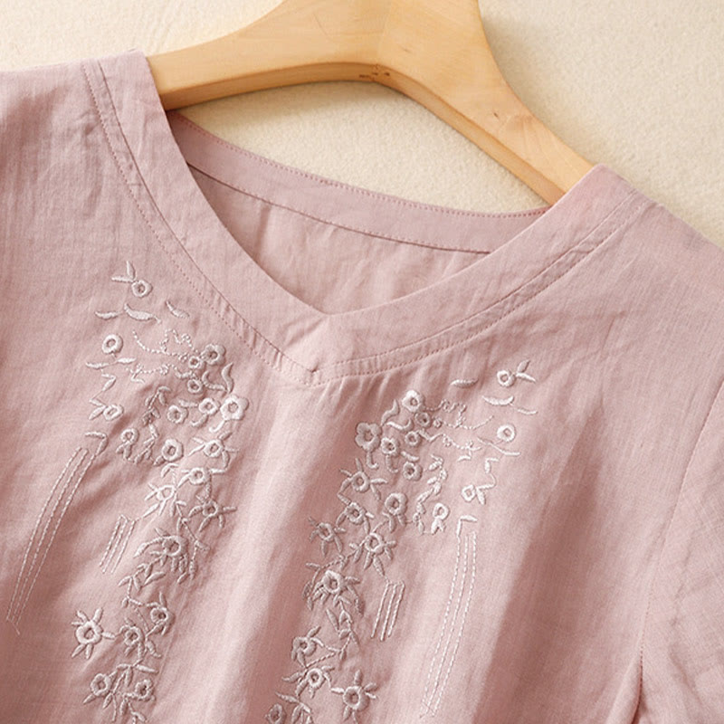 Buddha Stones Casual Women's Embroidered Flower V-neck Design Loose Half Sleeve Cotton Linen Shirt - image 7