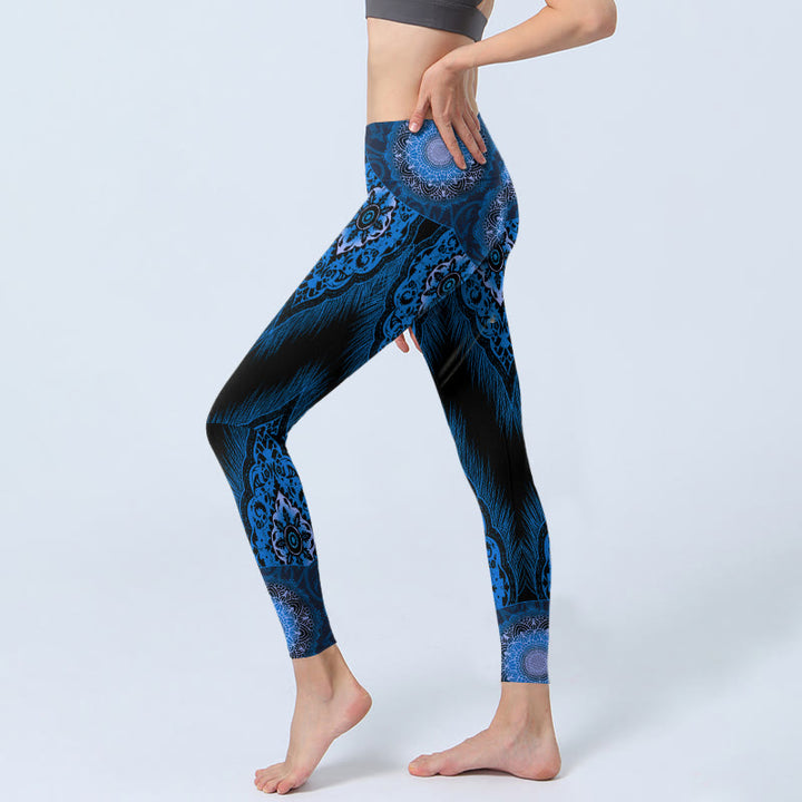 Buddha Stones Blue Mandala Feathers Print Gym Leggings Women's Yoga Pants - image 2