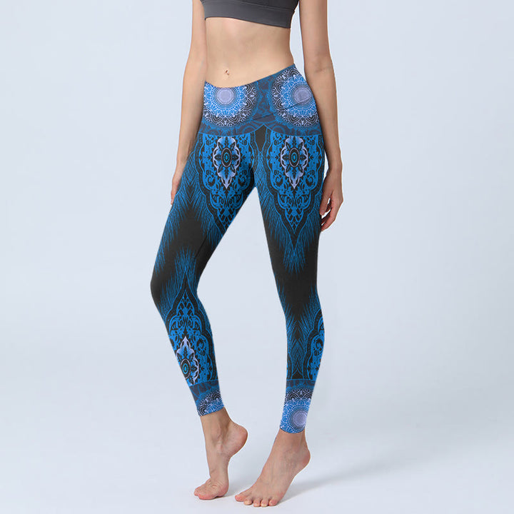 Buddha Stones Blue Mandala Feathers Print Gym Leggings Women's Yoga Pants - MediumBlue - US18,UK/AU22,EU50 (4XL) - image 0