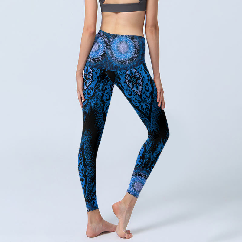 Buddha Stones Blue Mandala Feathers Print Gym Leggings Women's Yoga Pants - image 3