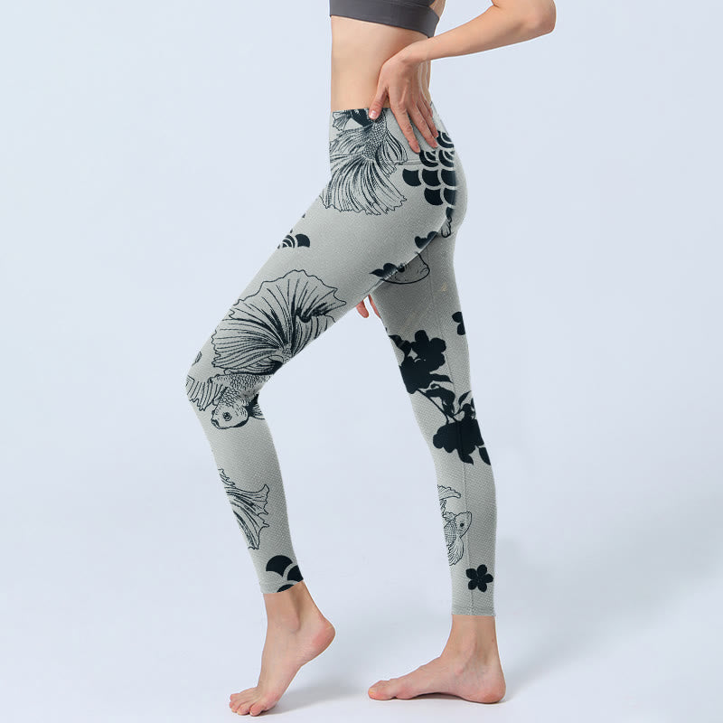 Buddha Stones Gray Koi Fish Floral Waves Print Gym Leggings Women's Yoga Pants - image 2